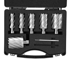 Žiedinių frezų rinkinys, magnetiniams gręžtuvams, greitaeigio plieno skylių pjūklai, 25.4 mm iki 50.8 mm bimetalinių frezų rinkinys, Weldon kotelio skylių frezų rinkinys