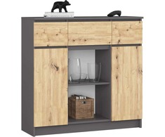 AKORD Komoda 2 Durys 3 Ištraukiamos Lentynos 1 Mažos Durys Pilka Grafīto/ąžuolas Amatininko 101x35x98