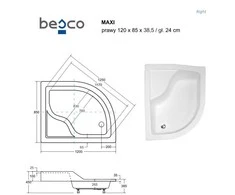 Dušo padėklas Besco Maxi, 120 x 85 cm, dešininis