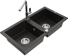 Granitinė virtuvinė plautuvė Mexen Mario su maišytuvu ir sifonu, Metallic juodas/auksinis+Chrome