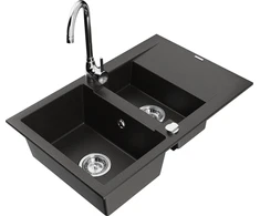Granitinė virtuvinė plautuvė Mexen Gaspar su maišytuvu ir sifonu, Metallic juodas/auksinis+Chrome
