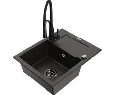Granitinė virtuvinė plautuvė Mexen Enzo su maišytuvu ir sifonu, Metallic juodas/auksinis+Juodas