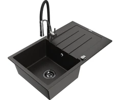 Granitinė virtuvinė plautuvė Mexen Bruno su maišytuvu ir sifonu, Metallic juodas/auksinis+Juodas/Chrome