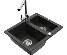Granitinė virtuvinė plautuvė Mexen Carlos su maišytuvu ir sifonu, Metallic juodas/auksinis+Chrome