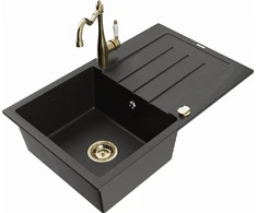 Granitinė virtuvinė plautuvė Mexen Bruno su maišytuvu ir sifonu, Metallic juodas/auksinis+Chrome