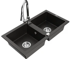 Granitinė virtuvinė plautuvė Mexen Mario su maišytuvu ir sifonu, Metallic juodas/auksinis+Chrome
