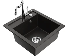 Granitinė virtuvinė plautuvė Mexen Vito su maišytuvu ir sifonu, Metallic juodas/auksinis+Chrome