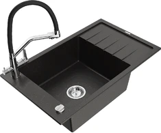 Granitinė virtuvinė plautuvė Mexen Elias su maišytuvu ir sifonu, Metallic juodas/auksinis+Juodas/Chrome