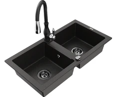 Granitinė virtuvinė plautuvė Mexen Mario su maišytuvu ir sifonu, Metallic juodas/auksinis+Juodas