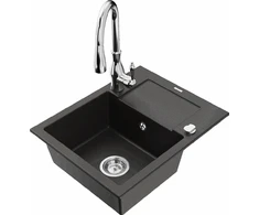 Granitinė virtuvinė plautuvė Mexen Enzo su maišytuvu ir sifonu, Metallic juodas/auksinis+Chrome