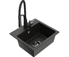 Granitinė virtuvinė plautuvė Mexen Milo su maišytuvu ir sifonu, Metallic juodas/auksinis+Juodas