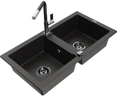 Granitinė virtuvinė plautuvė Mexen Mario su maišytuvu ir sifonu, Metallic juodas/auksinis+Juodas/Chrome