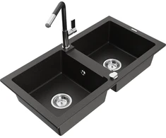 Granitinė virtuvinė plautuvė Mexen Mario su maišytuvu ir sifonu, Metallic juodas/auksinis+Juodas/Chrome