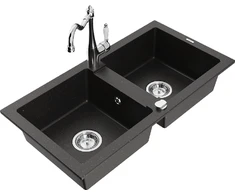 Granitinė virtuvinė plautuvė Mexen Mario su maišytuvu ir sifonu, Metallic juodas/auksinis+Chrome
