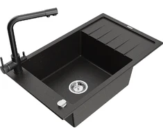 Granitinė virtuvinė plautuvė Mexen Elias su maišytuvu ir sifonu, Metallic juodas/auksinis+Juodas
