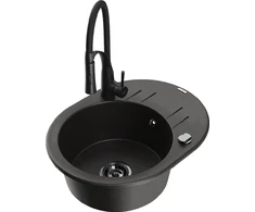 Granitinė virtuvinė plautuvė Mexen Kevin su maišytuvu ir sifonu, Metallic juodas/auksinis+Juodas