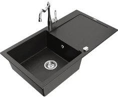 Granitinė virtuvinė plautuvė Mexen Leo su maišytuvu ir sifonu, Metallic juodas/auksinis+Chrome