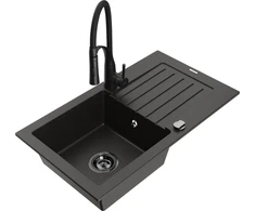Granitinė virtuvinė plautuvė Mexen Pablo su maišytuvu ir sifonu, Metallic juodas/auksinis+Juodas