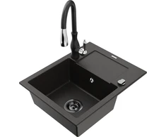 Granitinė virtuvinė plautuvė Mexen Enzo su maišytuvu ir sifonu, Metallic juodas/auksinis+Juodas