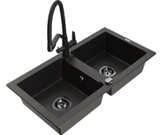 Granitinė virtuvinė plautuvė Mexen Mario su maišytuvu ir sifonu, Metallic juodas/auksinis+Juodas
