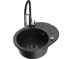 Granitinė virtuvinė plautuvė Mexen Kevin su maišytuvu ir sifonu, Metallic juodas/auksinis+Juodas/Chrome