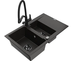 Granitinė virtuvinė plautuvė Mexen Gaspar su maišytuvu ir sifonu, Metallic juodas/auksinis+Juodas