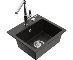 Granitinė virtuvinė plautuvė Mexen Milo su maišytuvu ir sifonu, Metallic juodas/auksinis+Chrome