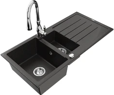 Granitinė virtuvinė plautuvė Mexen Andres su maišytuvu ir sifonu, Metallic juodas/auksinis+Chrome