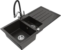 Granitinė virtuvinė plautuvė Mexen Andres su maišytuvu ir sifonu, Metallic juodas/auksinis+Juodas/Chrome