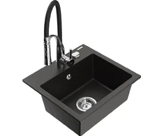 Granitinė virtuvinė plautuvė Mexen Milo su maišytuvu ir sifonu, Metallic juodas/auksinis+Juodas/Chrome