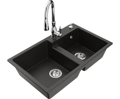 Granitinė virtuvinė plautuvė Mexen Tomas su maišytuvu ir sifonu, Metallic juodas/auksinis+Chrome