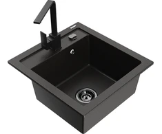 Granitinė virtuvinė plautuvė Mexen Vito su maišytuvu ir sifonu, Metallic juodas/auksinis+Juodas