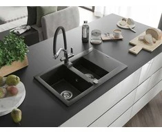 Granitinė virtuvinė plautuvė Mexen Gaspar su maišytuvu ir sifonu, Metallic juodas/auksinis+Juodas/Chrome