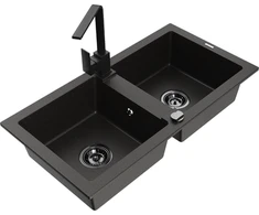 Granitinė virtuvinė plautuvė Mexen Mario su maišytuvu ir sifonu, Metallic juodas/auksinis+Juodas