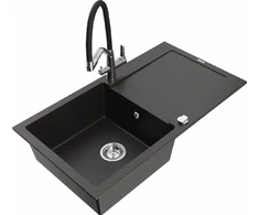 Granitinė virtuvinė plautuvė Mexen Leo su maišytuvu ir sifonu, Metallic juodas/auksinis+Juodas/Chrome