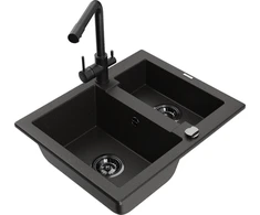 Granitinė virtuvinė plautuvė Mexen Carlos su maišytuvu ir sifonu, Metallic juodas/auksinis+Juodas