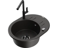 Granitinė virtuvinė plautuvė Mexen Kevin su maišytuvu ir sifonu, Metallic juodas/auksinis+Juodas