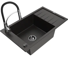 Granitinė virtuvinė plautuvė Mexen Elias su maišytuvu ir sifonu, Metallic juodas/auksinis+Juodas/Chrome