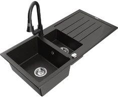 Granitinė virtuvinė plautuvė Mexen Andres su maišytuvu ir sifonu, Metallic juodas/auksinis+Juodas