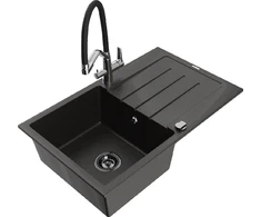 Granitinė virtuvinė plautuvė Mexen Bruno su maišytuvu ir sifonu, Metallic juodas/auksinis+Juodas/Chrome
