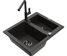 Granitinė virtuvinė plautuvė Mexen Carlos su maišytuvu ir sifonu, Metallic juodas/auksinis+Juodas