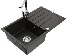Granitinė virtuvinė plautuvė Mexen Bruno su maišytuvu ir sifonu, Metallic juodas/auksinis+Chrome