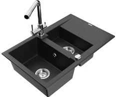 Granitinė virtuvinė plautuvė Mexen Gaspar su maišytuvu ir sifonu, Metallic juodas/auksinis+Chrome