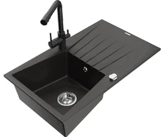 Granitinė virtuvinė plautuvė Mexen Cesar su maišytuvu ir sifonu, Metallic juodas/auksinis+Juodas