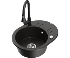 Granitinė virtuvinė plautuvė Mexen Kevin su maišytuvu ir sifonu, Metallic juodas/auksinis+Juodas