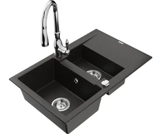 Granitinė virtuvinė plautuvė Mexen Gaspar su maišytuvu ir sifonu, Metallic juodas/auksinis+Chrome