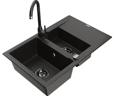 Granitinė virtuvinė plautuvė Mexen Gaspar su maišytuvu ir sifonu, Metallic juodas/auksinis+Juodas