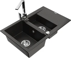 Granitinė virtuvinė plautuvė Mexen Gaspar su maišytuvu ir sifonu, Metallic juodas/auksinis+Chrome