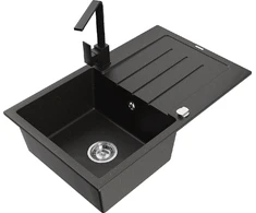 Granitinė virtuvinė plautuvė Mexen Bruno su maišytuvu ir sifonu, Metallic juodas/auksinis+Juodas