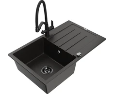 Granitinė virtuvinė plautuvė Mexen Bruno su maišytuvu ir sifonu, Metallic juodas/auksinis+Juodas